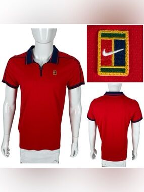 Nike Court Tennis Shirt Men Medium Dri Fit ADV US Open Red Taylor Fritz Slim EUC